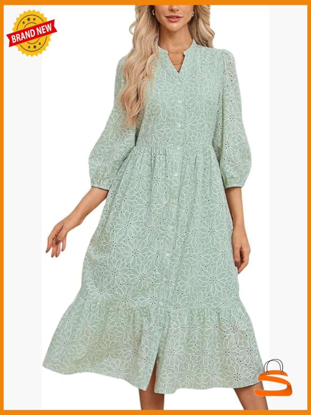 Boho Floral Lace Eyelet Midi Dress 3/4 Sleeve V-Neck Button - Picture 1 of 7